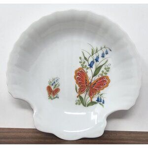 Vtg Takahashi Dew Hand Decorated Seashell Butterflies Flowers Trinket Soap Dish